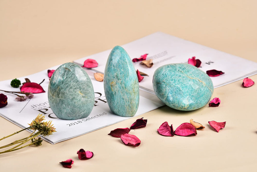 AMOYSTONE polished amazonite slab highlights unique patterns and natural imperfections.