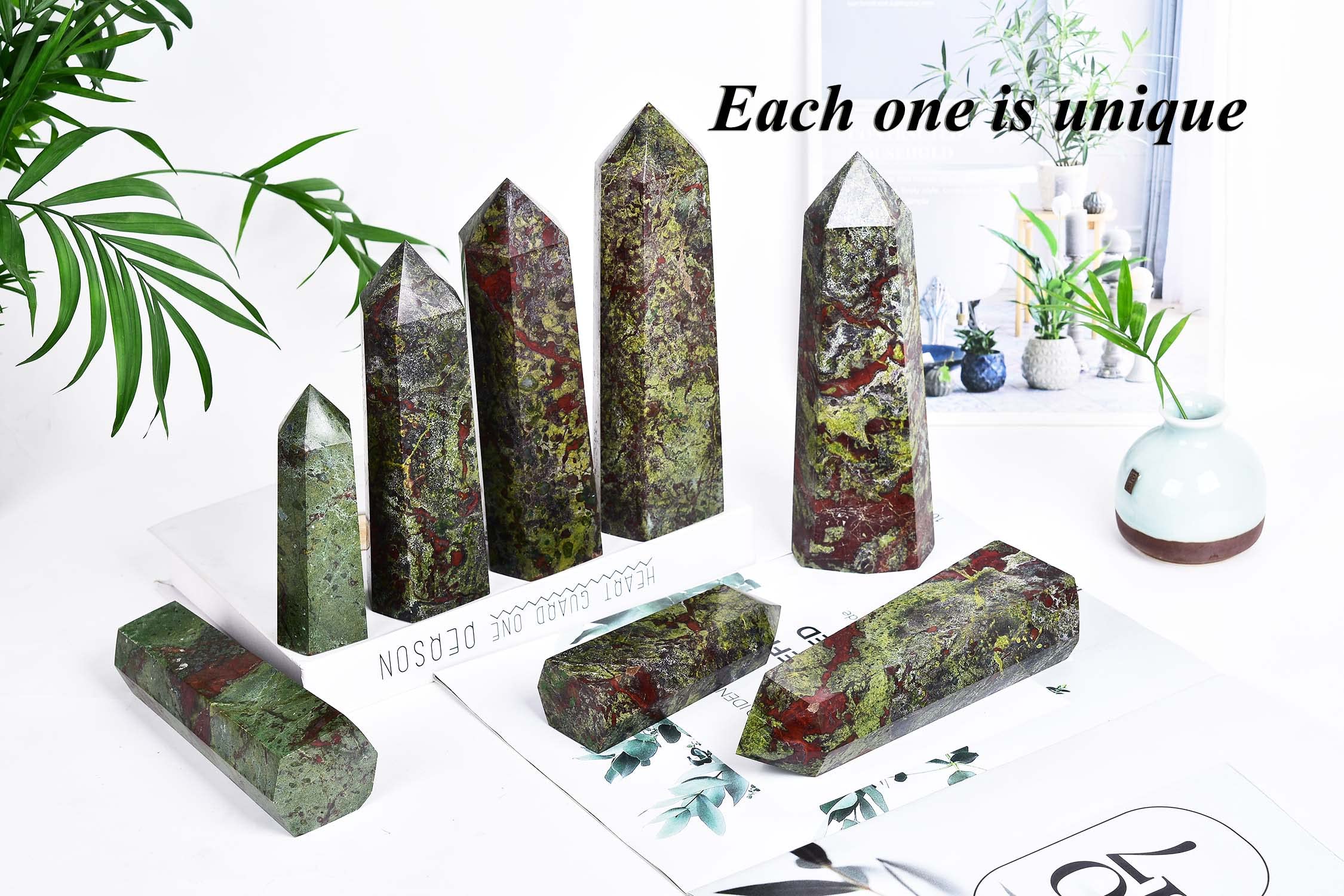AMOYSTONE Bloodstone Obelisk home-decor centerpiece for calm atmosphere.