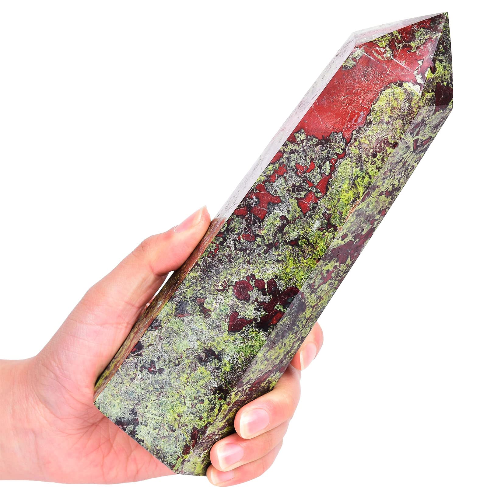 AMOYSTONE Bloodstone Obelisk with green-red inclusions for peaceful home ambiance.