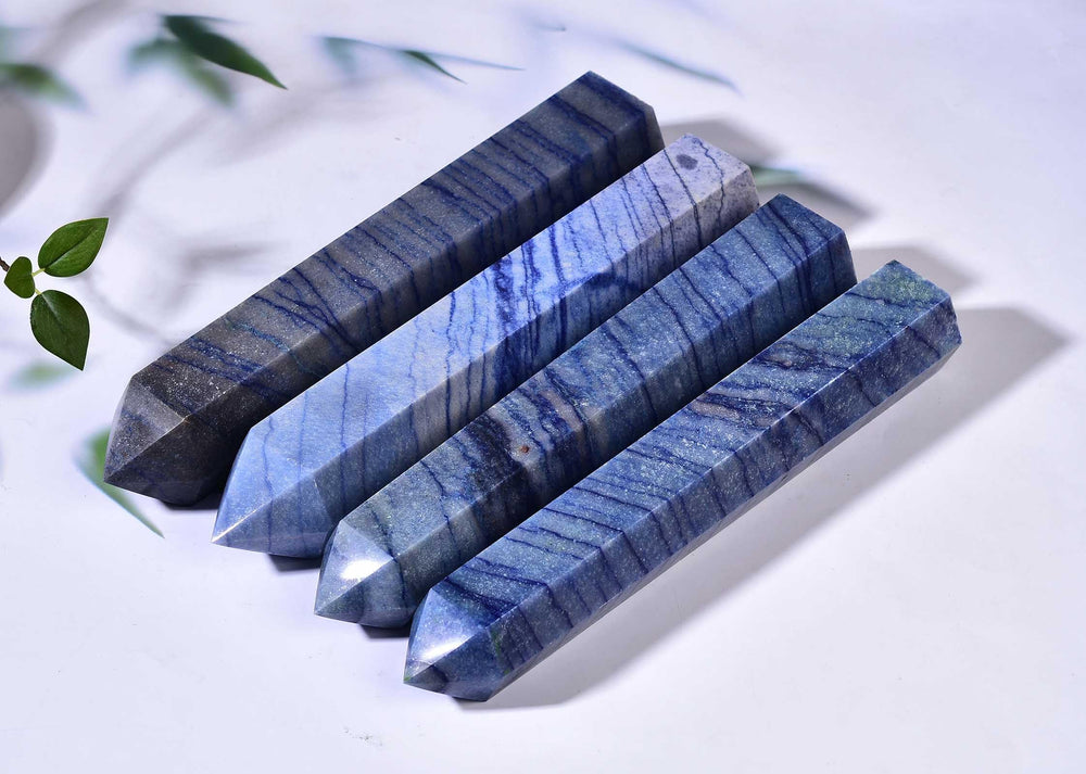 AMOYSTONE blue aventurine wand showing mica inclusions and shimmer.