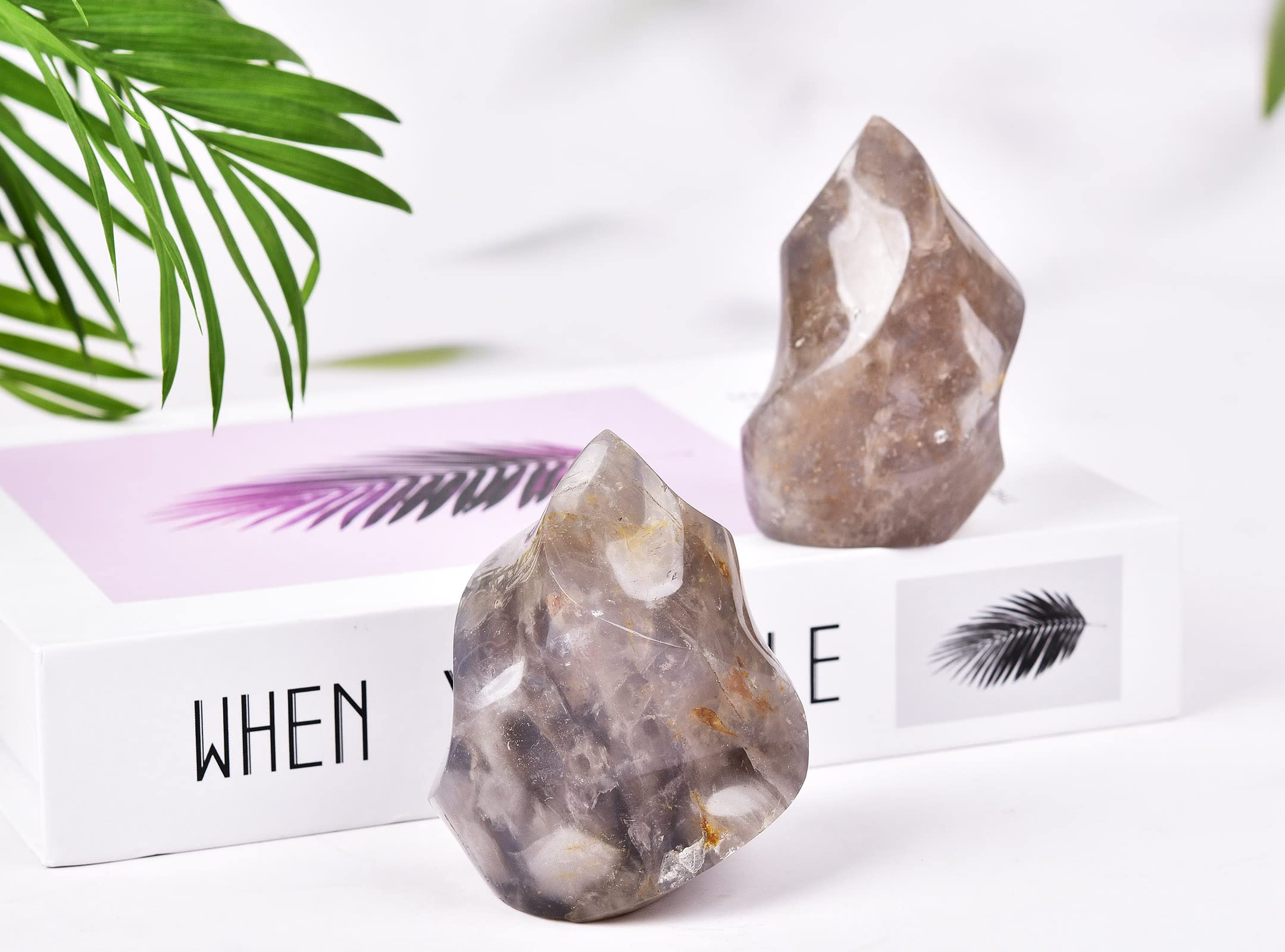 AMOYSTONE Blue Pink Quartz Flame Tower on an altar for chakra balance vibes.