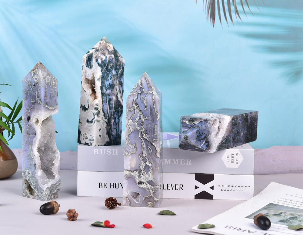 AMOYSTONE hand-polished crystal obelisk exhibits natural artistry for display and contemplation