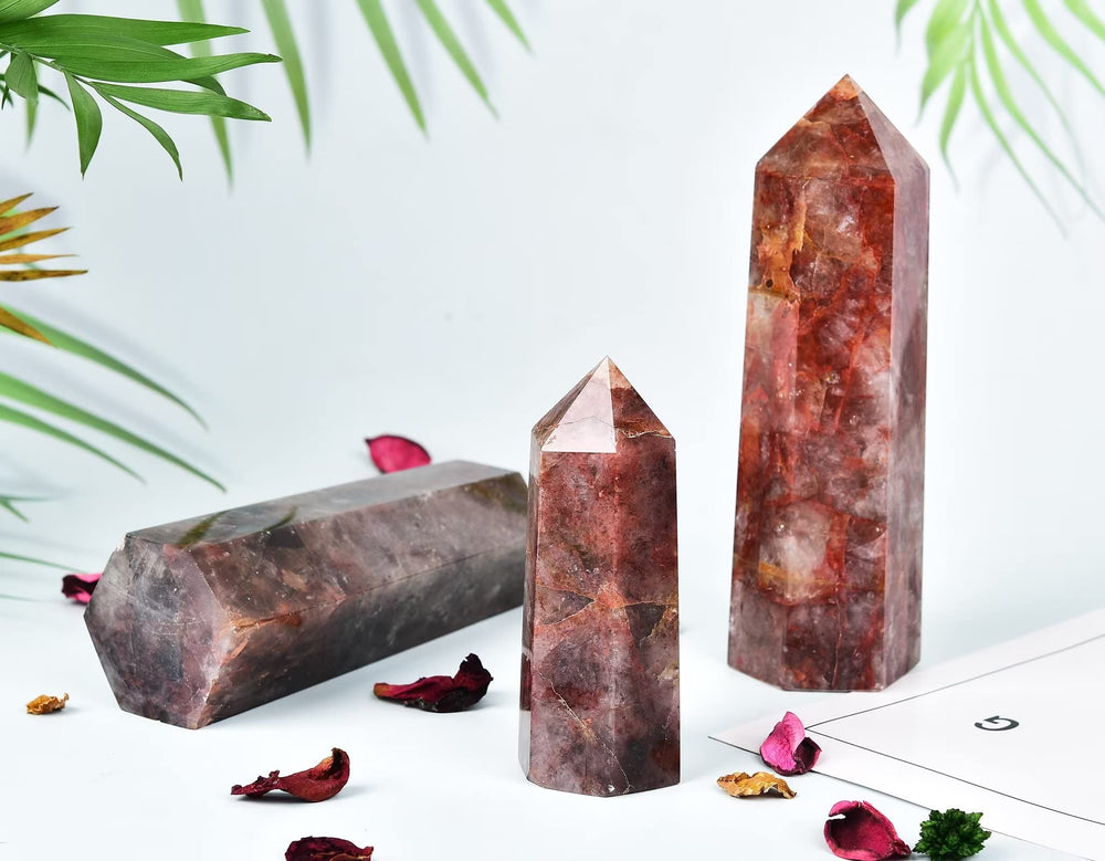 AMOYSTONE Hematoid Quartz wand on a shelf for home office decor.