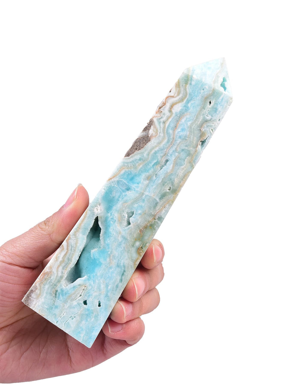 AMOYSTONE Hemimorphite obelisk wand side view shows natural facets and texture