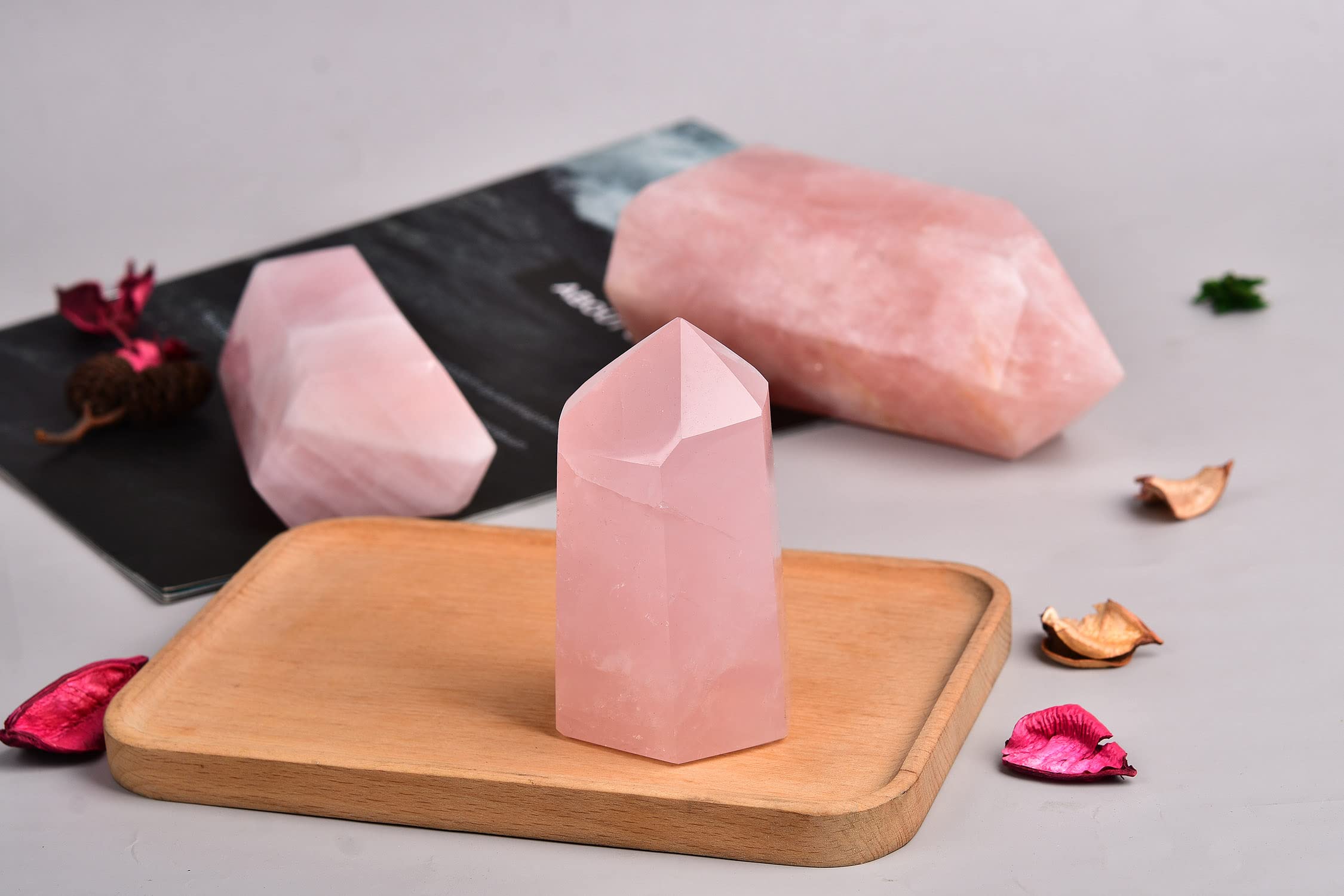 AMOYSTONE large rose quartz tower enhances serene spaces at home or office