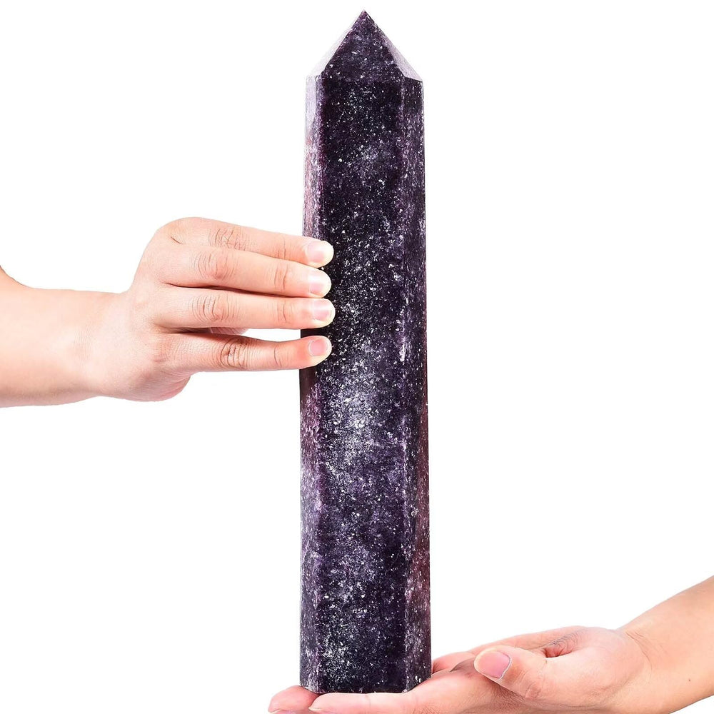 AMOYSTONE Lepidolite wand glows lilac, ideal for calming environments.