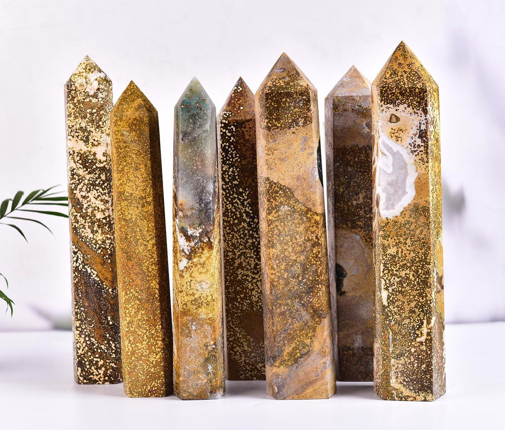 AMOYSTONE meditation setup with Ocean Jasper wand, supports calming rituals and chakra work.