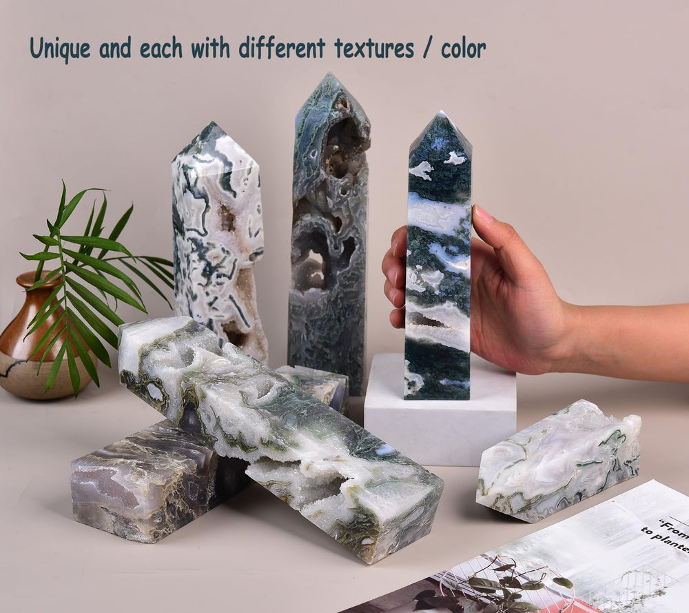 AMOYSTONE moss agate decorative crystal grid decor invites mindful routines and harmony