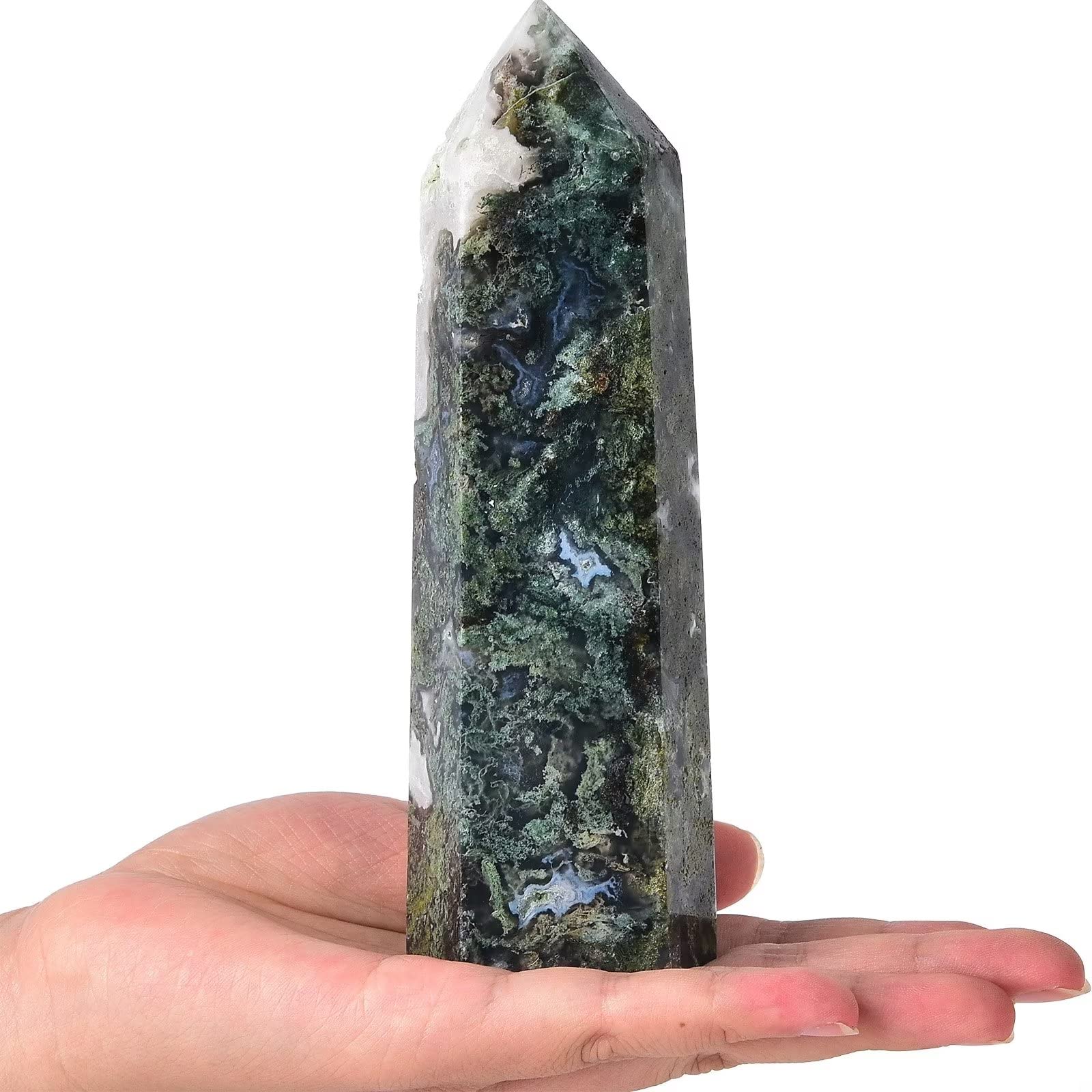 AMOYSTONE Moss Agate wand closeup with green banding for meditative focus