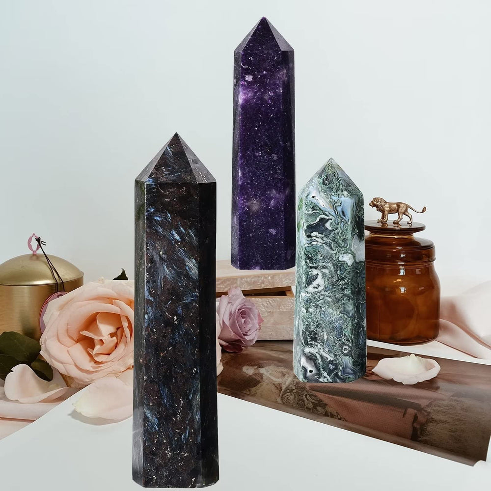 AMOYSTONE Moss Agate wand in a meditative space for calm energy