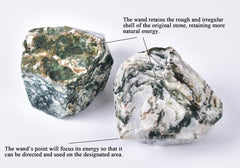 AMOYSTONE moss agate wand irregular – side view highlights organic shape for display.