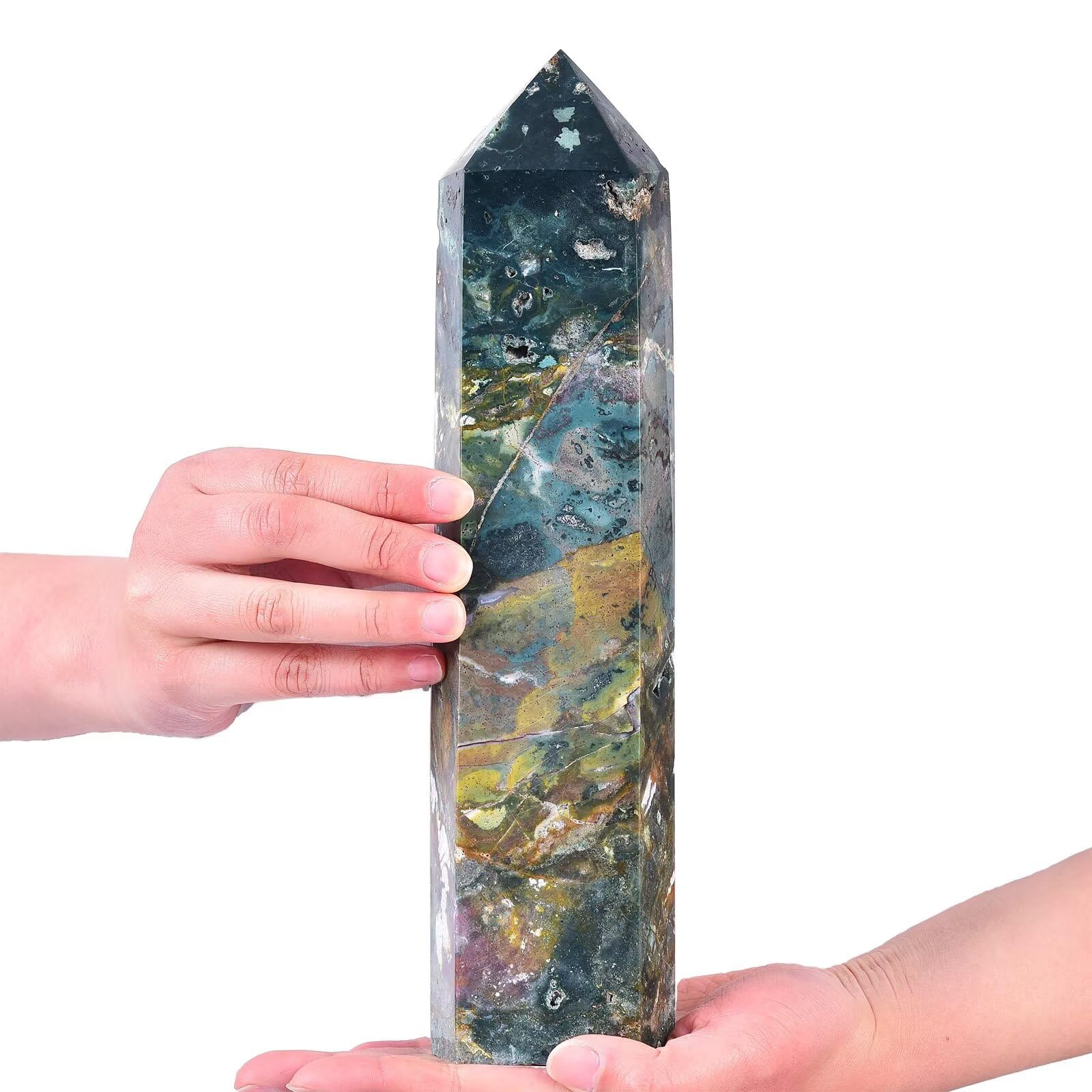 AMOYSTONE Ocean Jasper wand close-up polished surface highlighting rainbow colors