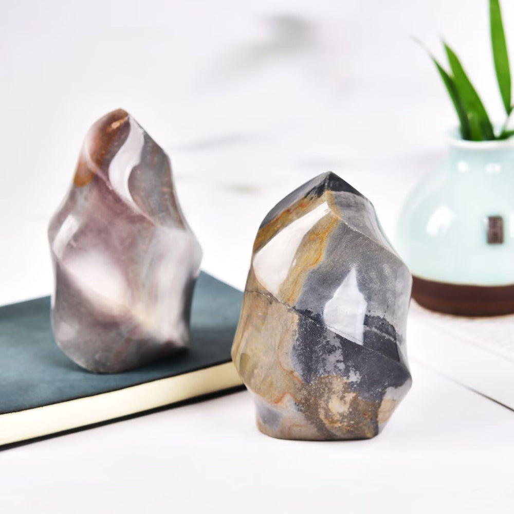 AMOYSTONE Polychrome Jasper Flame Tower meditation setting invites quiet reflection and chakra balance.
