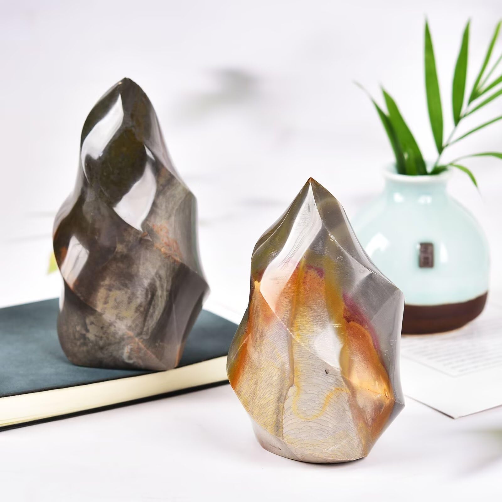 AMOYSTONE Polychrome Jasper Flame Tower yoga space encourages focus and serenity in sessions.