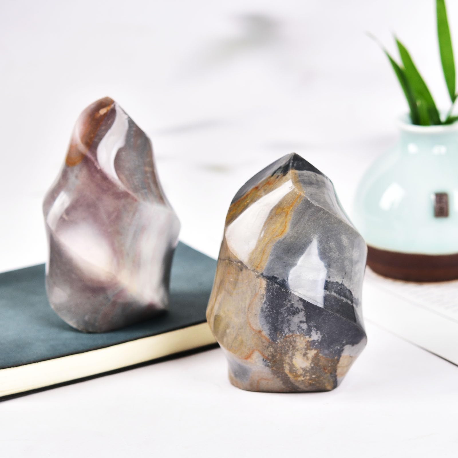 AMOYSTONE Polychrome Jasper on a desk, perfect for home office decor