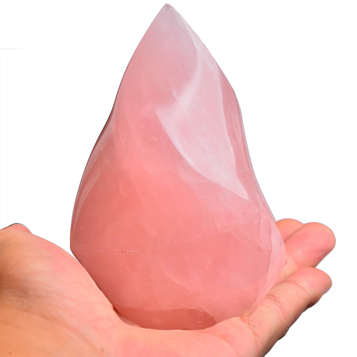 AMOYSTONE Rose Quartz Flame Tower, front view, enhances peaceful energy for meditation and home display.
