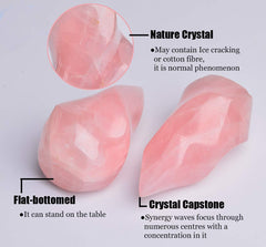 AMOYSTONE Rose Quartz Flame Tower in hand showcases portable serenity and touch awareness.