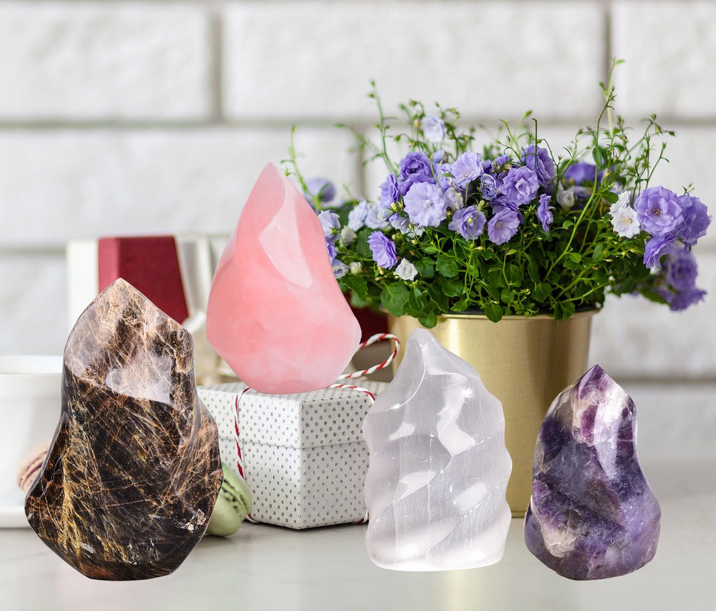 AMOYSTONE Rose Quartz Flame Tower reveals subtle textures and natural variations.
