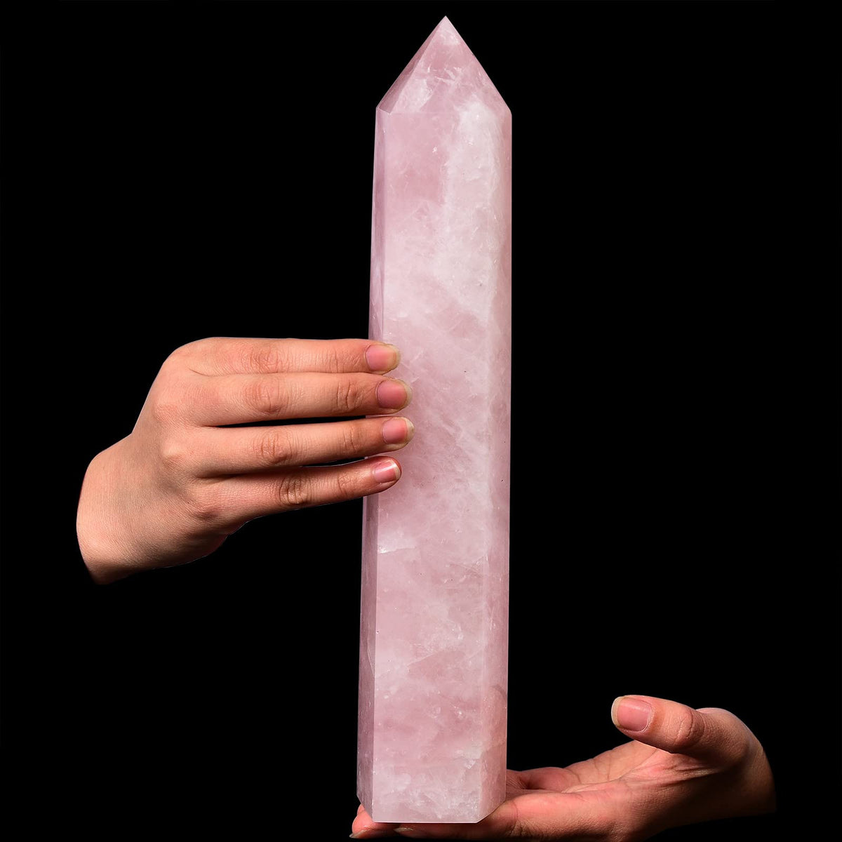 AMOYSTONE rose quartz obelisk wand close-up highlighting meditation focus and energy direction