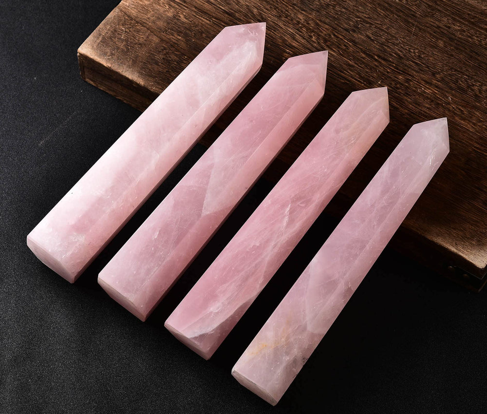 AMOYSTONE rose quartz obelisk on a calm desk for serenity in workspace