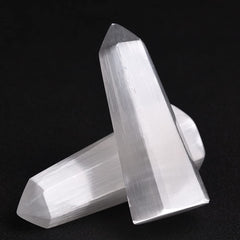 AMOYSTONE Hexagonal selenite column displayed on an altar for serenity