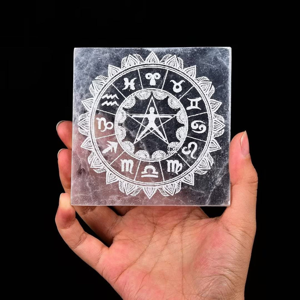 AMOYSTONE selenite plate etched constellations closeup for display and meditation