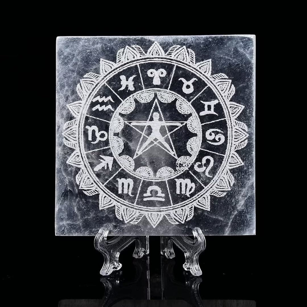 AMOYSTONE selenite plate with twelve constellations for crystal cleansing and chakra balance