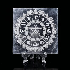 AMOYSTONE selenite plate with twelve constellations for crystal cleansing and chakra balance