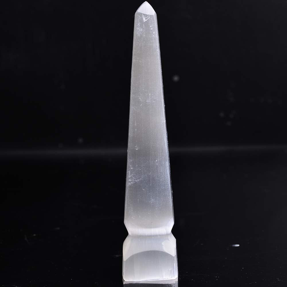 AMOYSTONE Selenite Tower closeup showing delicate striations and pearl glow.