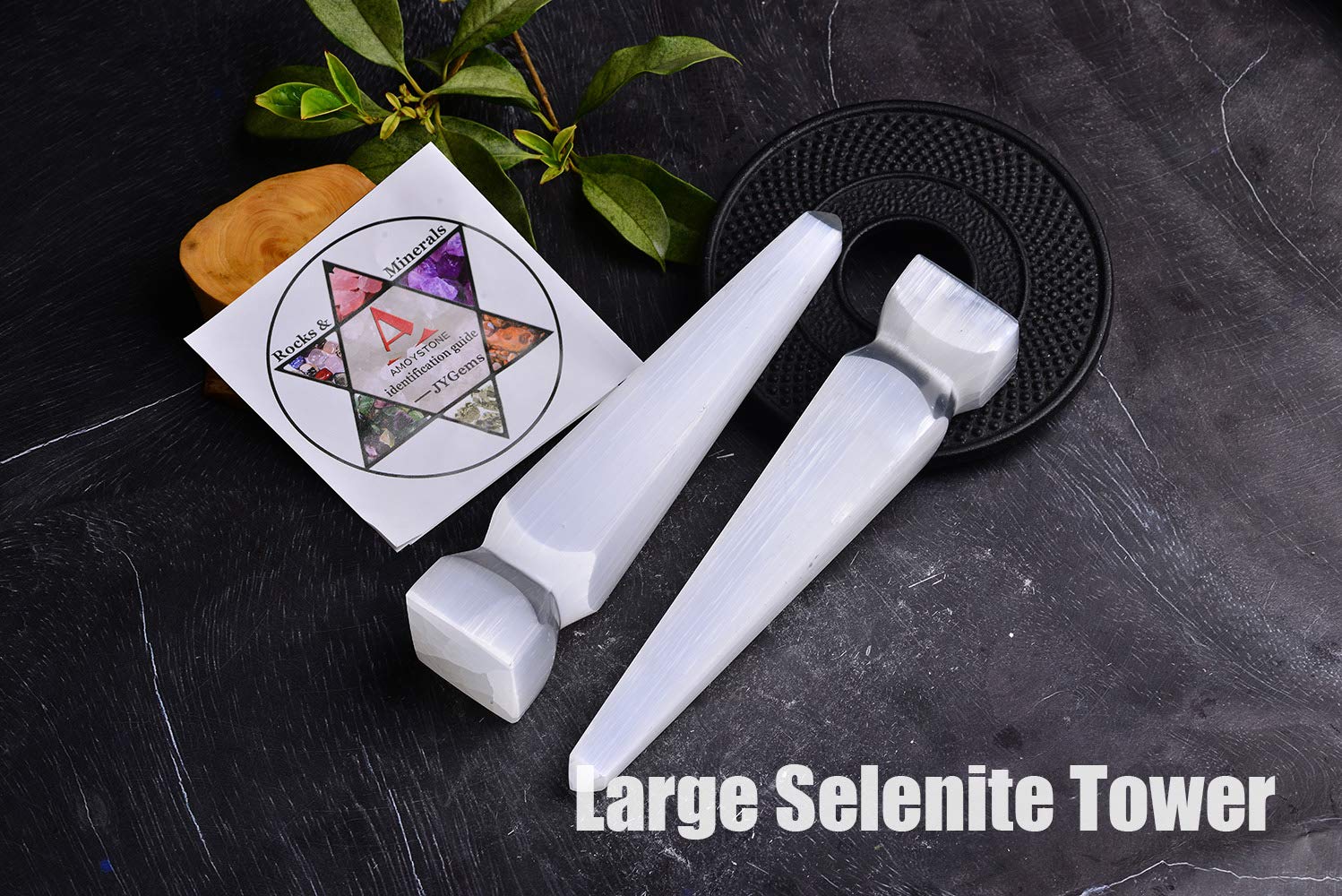 AMOYSTONE Selenite Tower in a room setting highlighting peaceful presence.