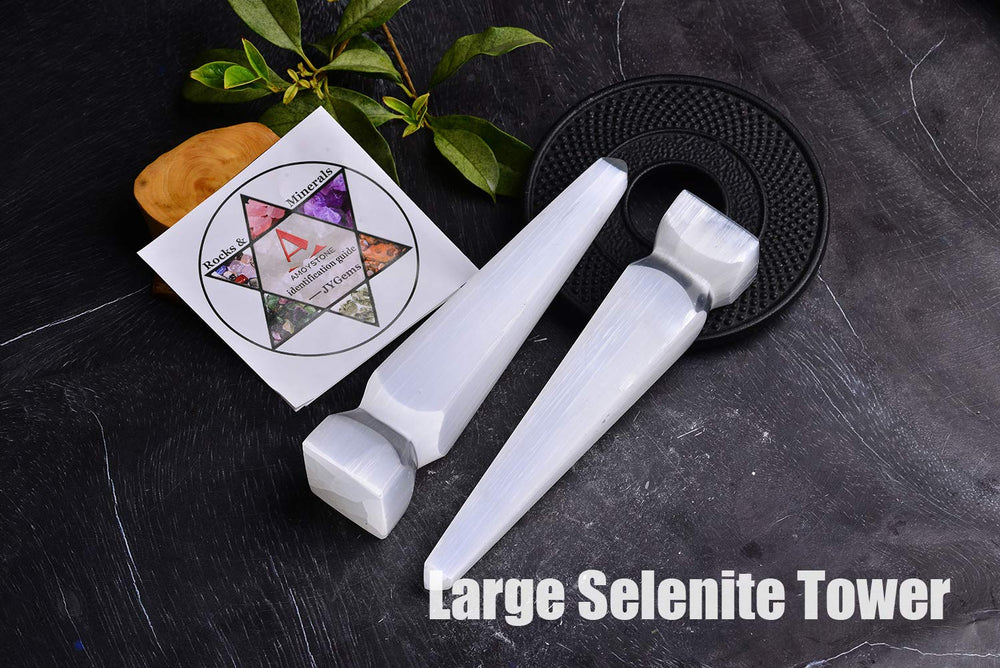 AMOYSTONE Selenite Tower in a room setting highlighting peaceful presence.