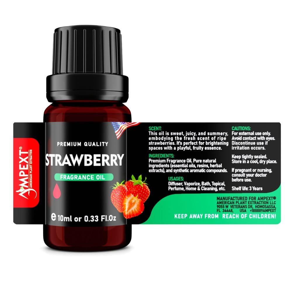 AMPEXT Strawberry fragrance oil scent notes: bright fruit with green undertones.