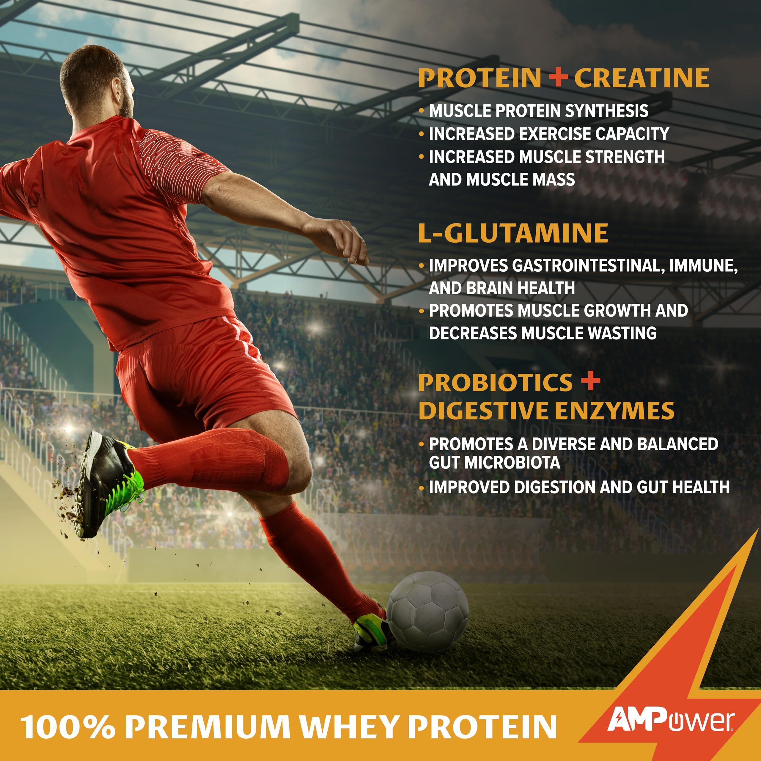 AMPOWER Chocolate Whey Protein bottle close-up emphasizes premium nutrients for sustained performance.
