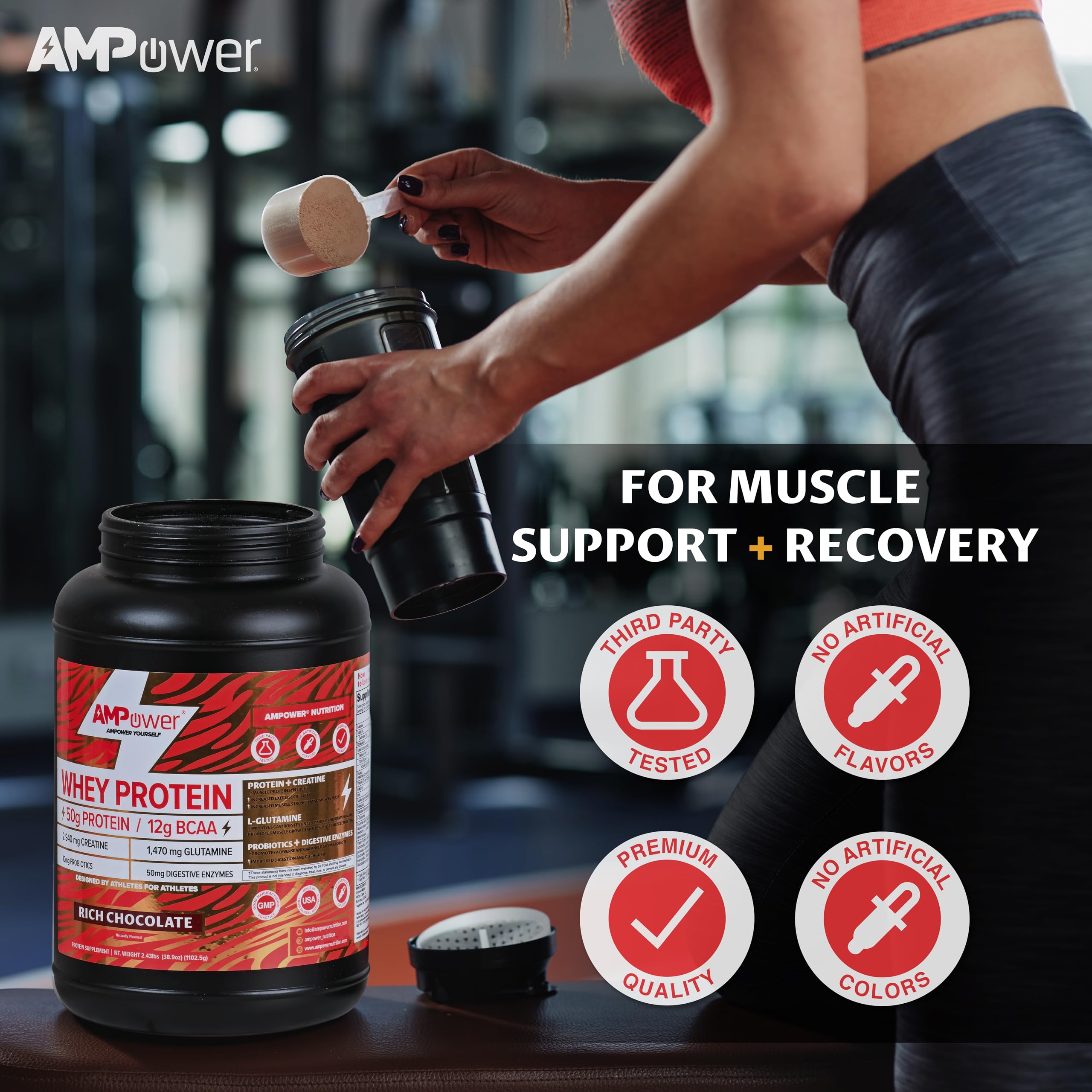 AMPOWER Chocolate Whey Protein ingredients label highlights BCAAs and creatine.