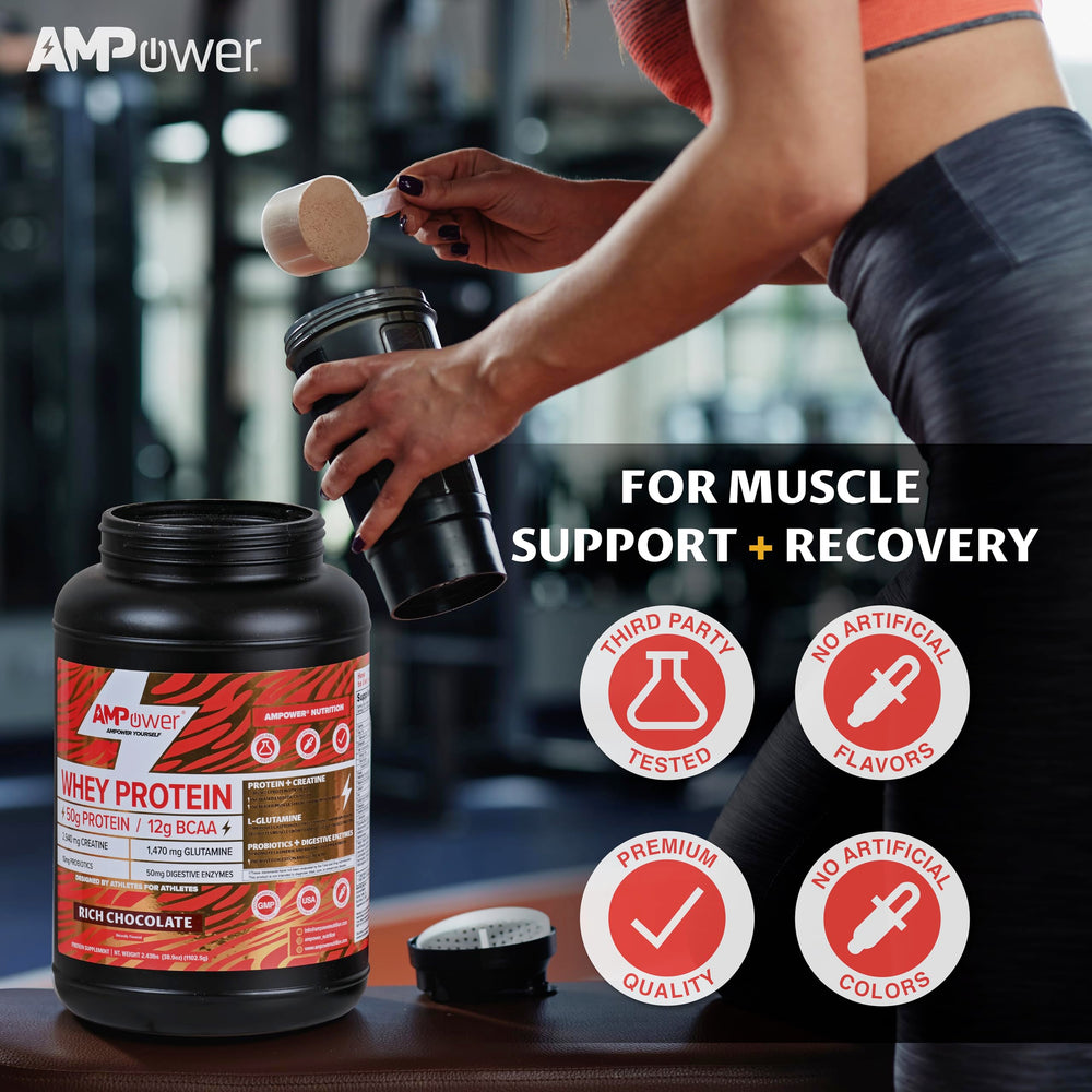 AMPOWER Chocolate Whey Protein ingredients label highlights BCAAs and creatine.