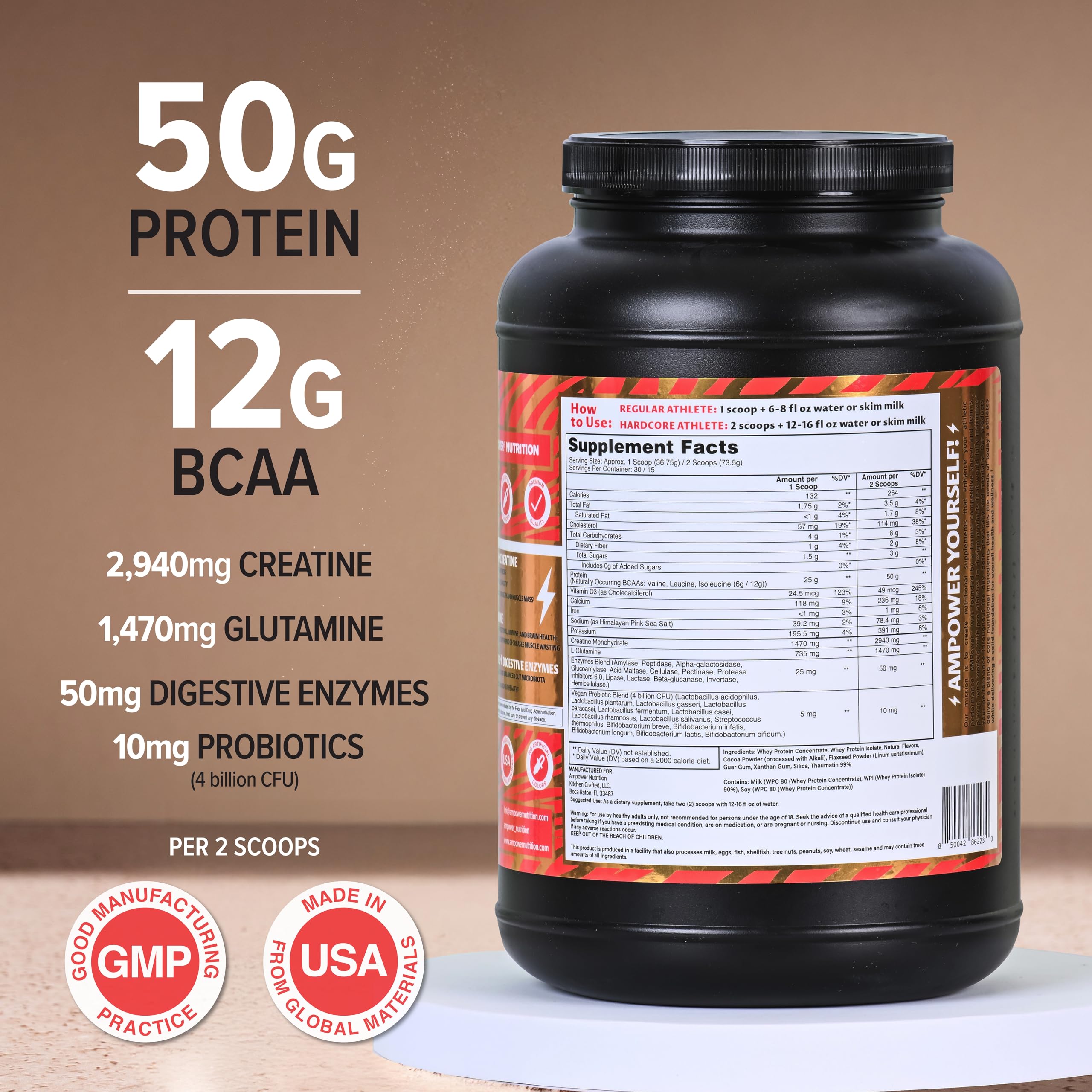 AMPOWER Chocolate Whey Protein scoop with glass of milk promotes quick energy.