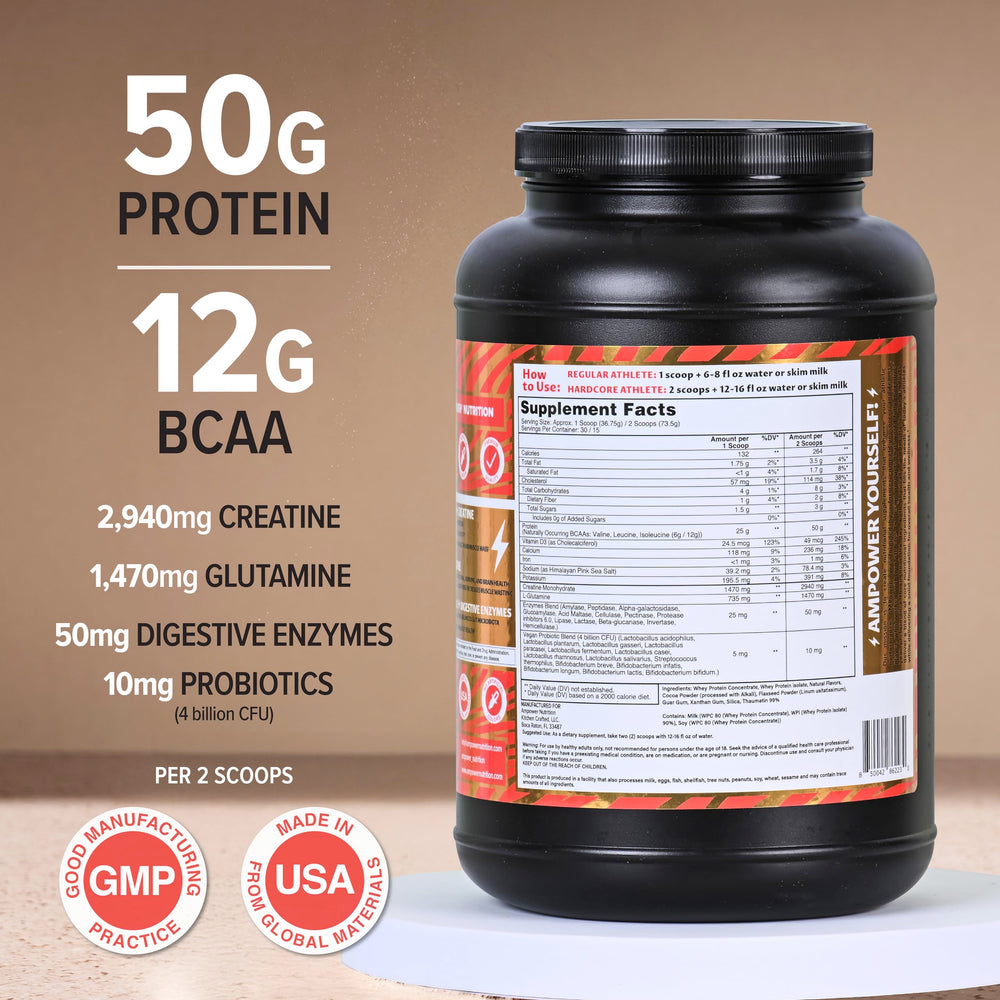 AMPOWER Chocolate Whey Protein scoop with glass of milk promotes quick energy.