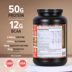 AMPOWER Chocolate Whey Protein scoop with glass of milk promotes quick energy.