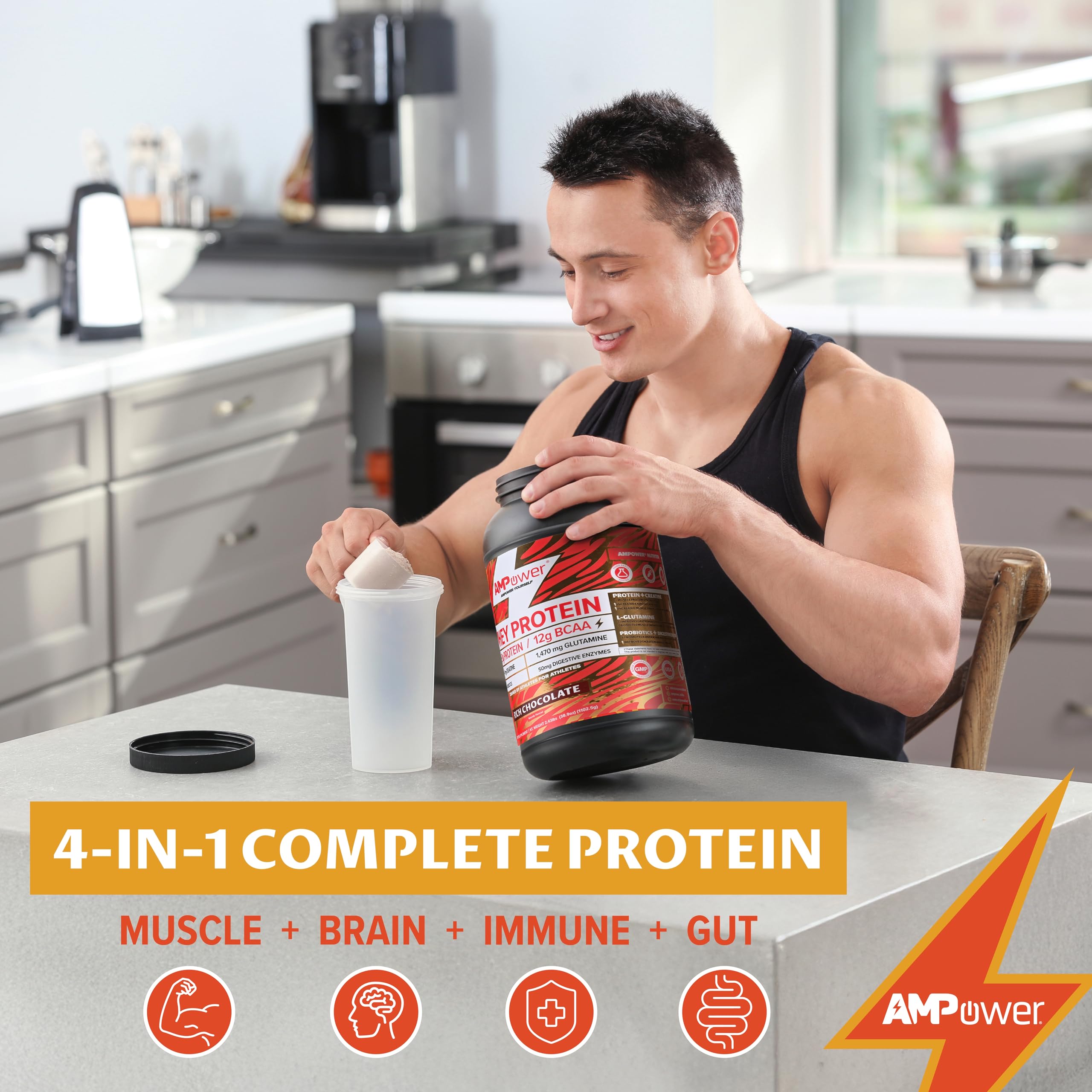 AMPOWER Chocolate Whey Protein shaker for convenient pre- or post-workout shakes.
