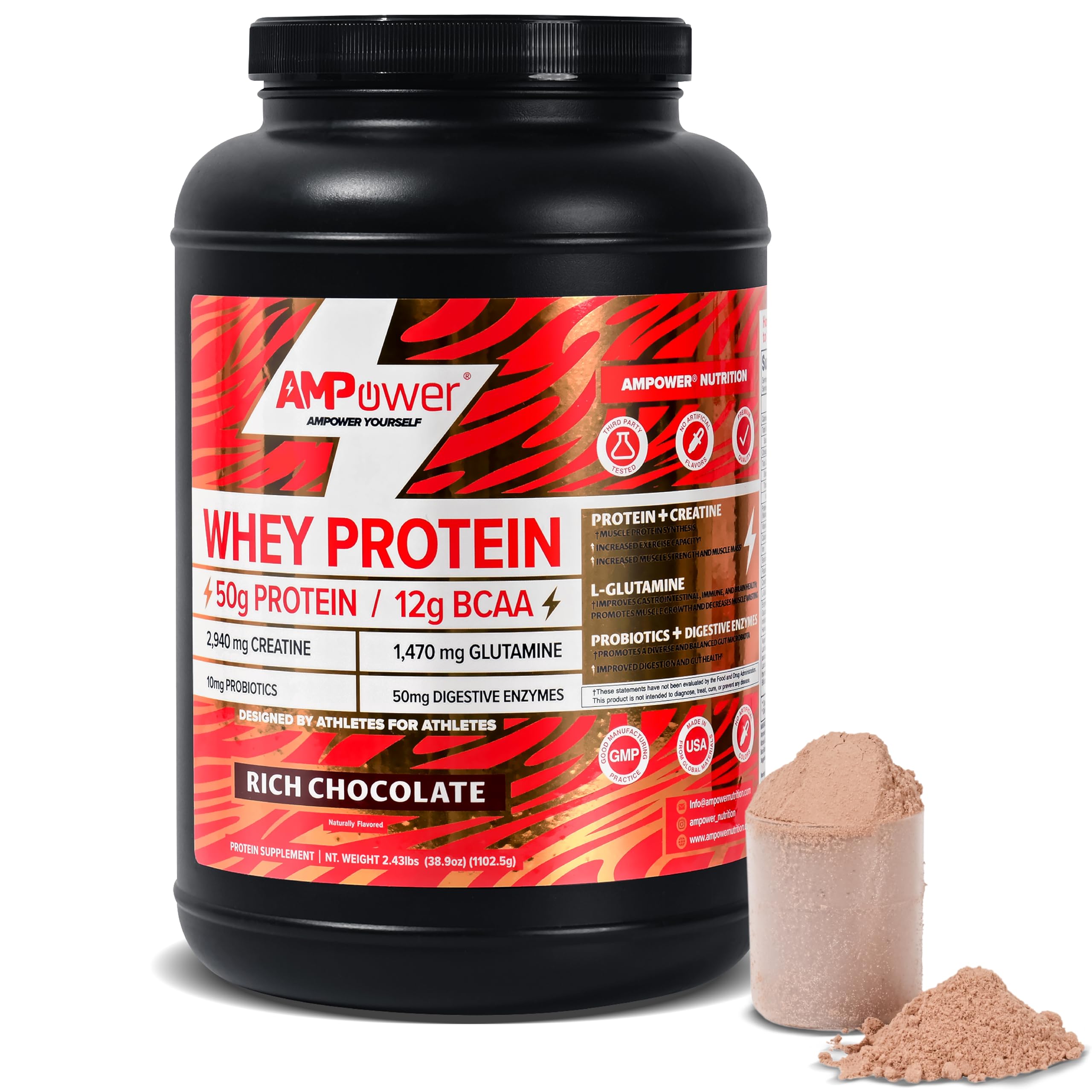 AMPOWER Chocolate Whey Protein tub supports post-workout recovery and muscle fueling.
