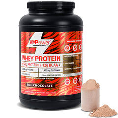 AMPOWER Chocolate Whey Protein tub supports post-workout recovery and muscle fueling.