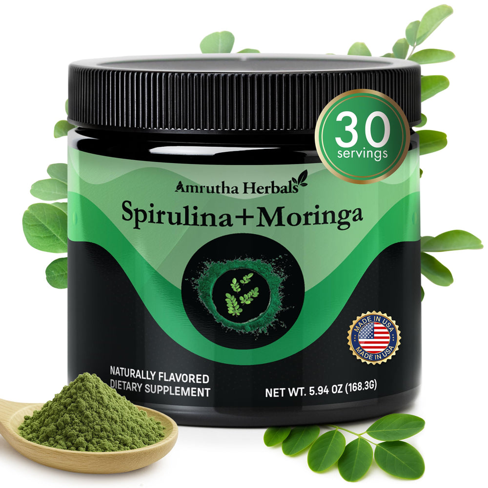 Amrutha Herbals spirulina and moringa powder jar for daily energy