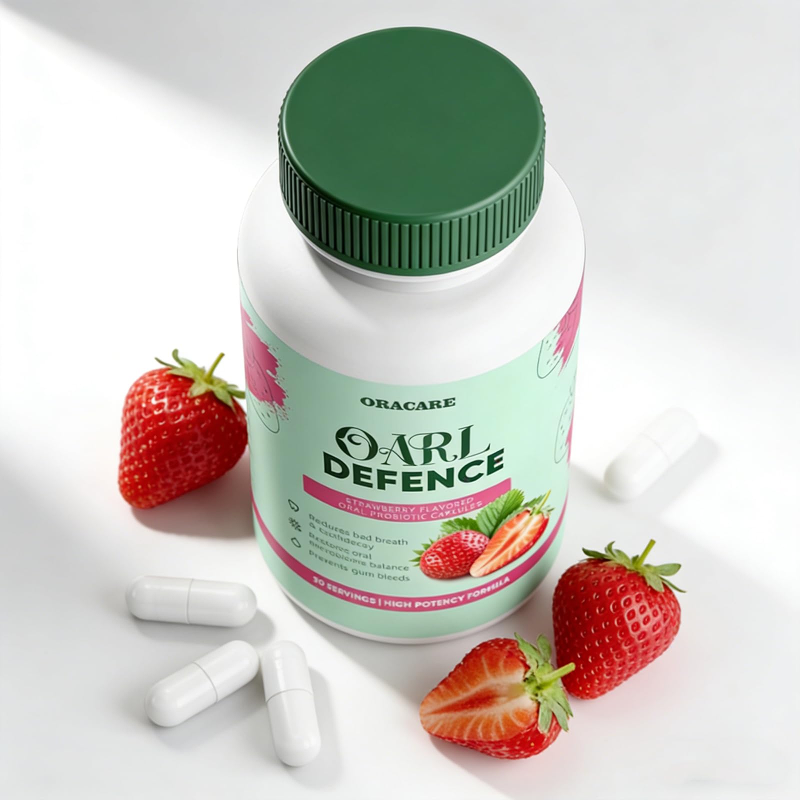 AMUA Oracare Oral Defence on a bathroom shelf for teeth and gums support