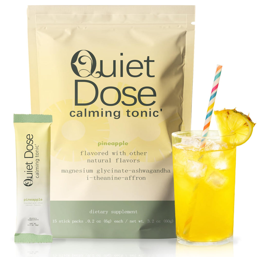 AMUA Quiet Dose Pineapple bottle for a calming unwind with L-Theanine and adaptogens.