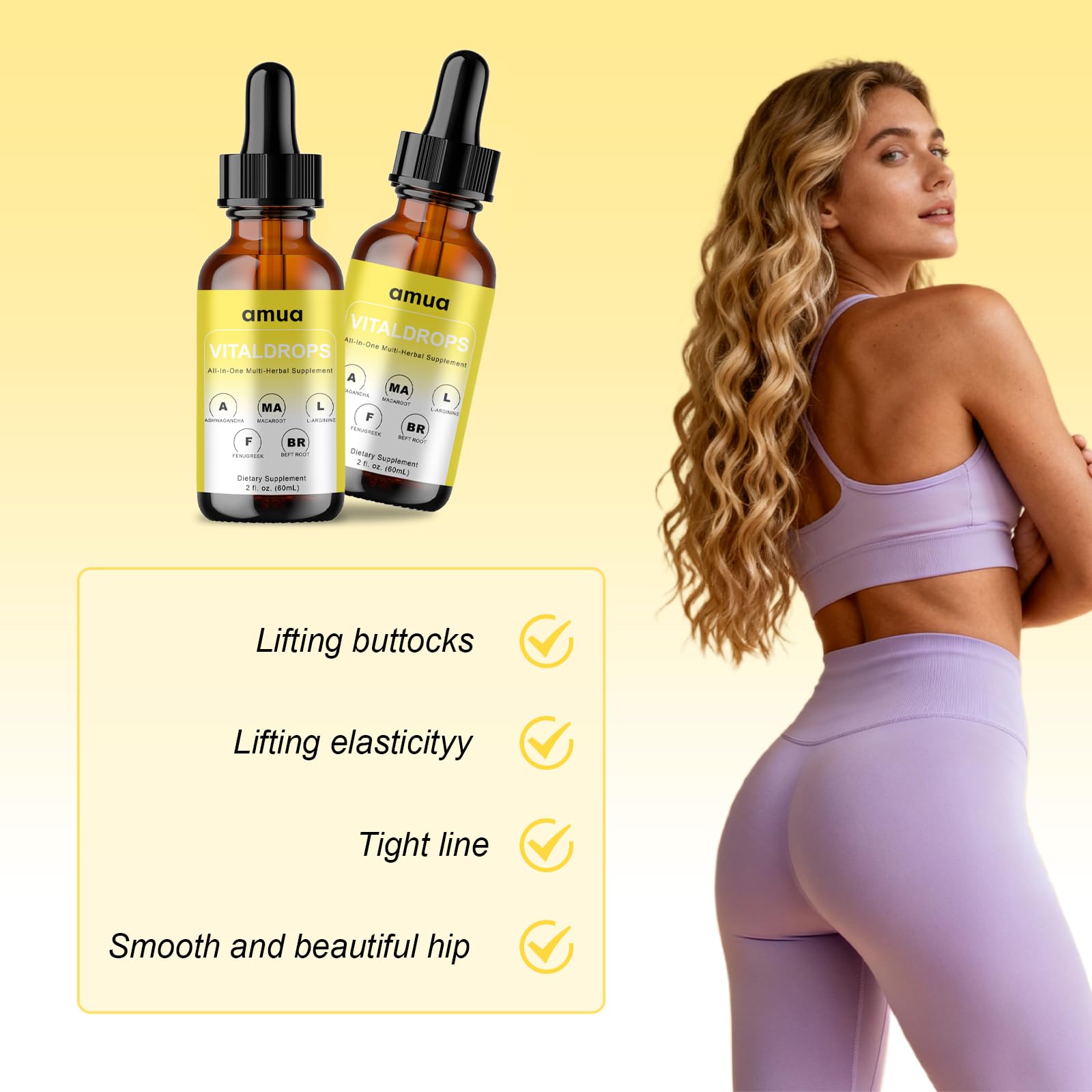 AMUA Vital Drops packaging highlights maca and ashwagandha for natural balance.
