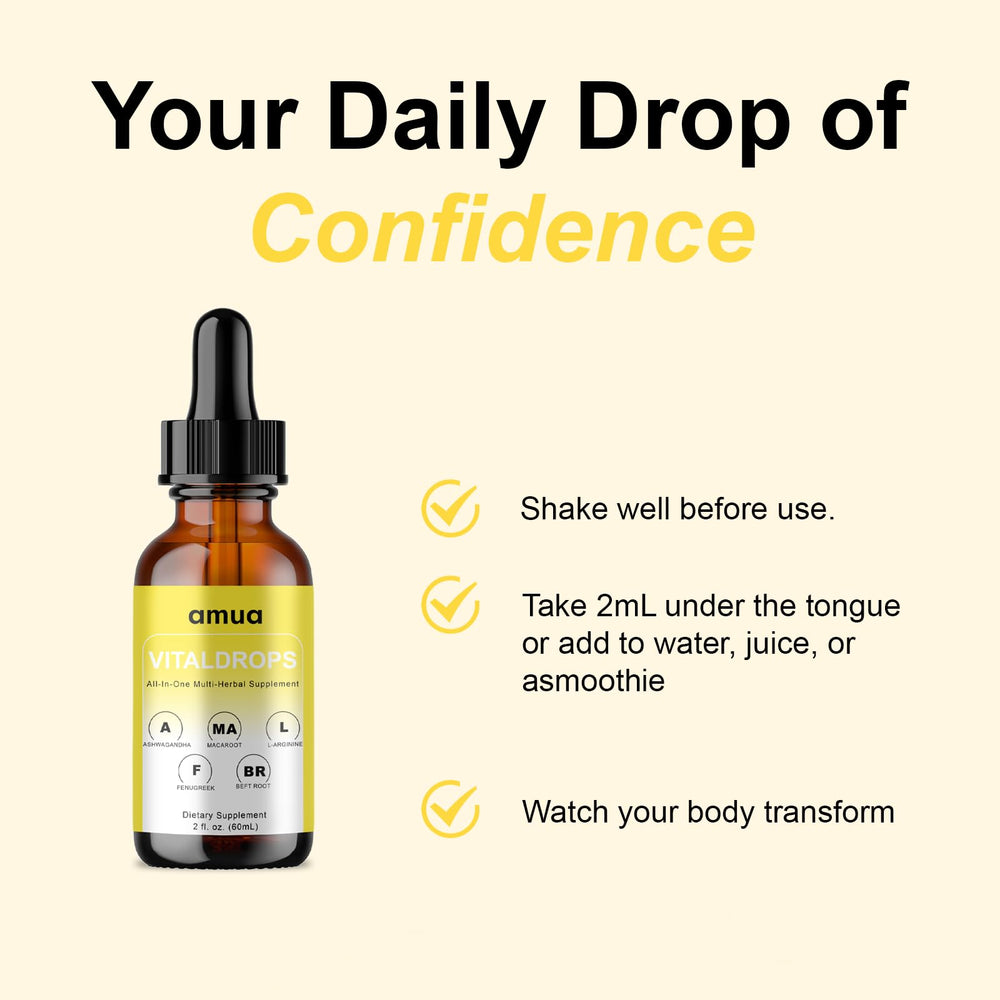 AMUA Vital Drops box and bottle on a kitchen counter for daily routine.