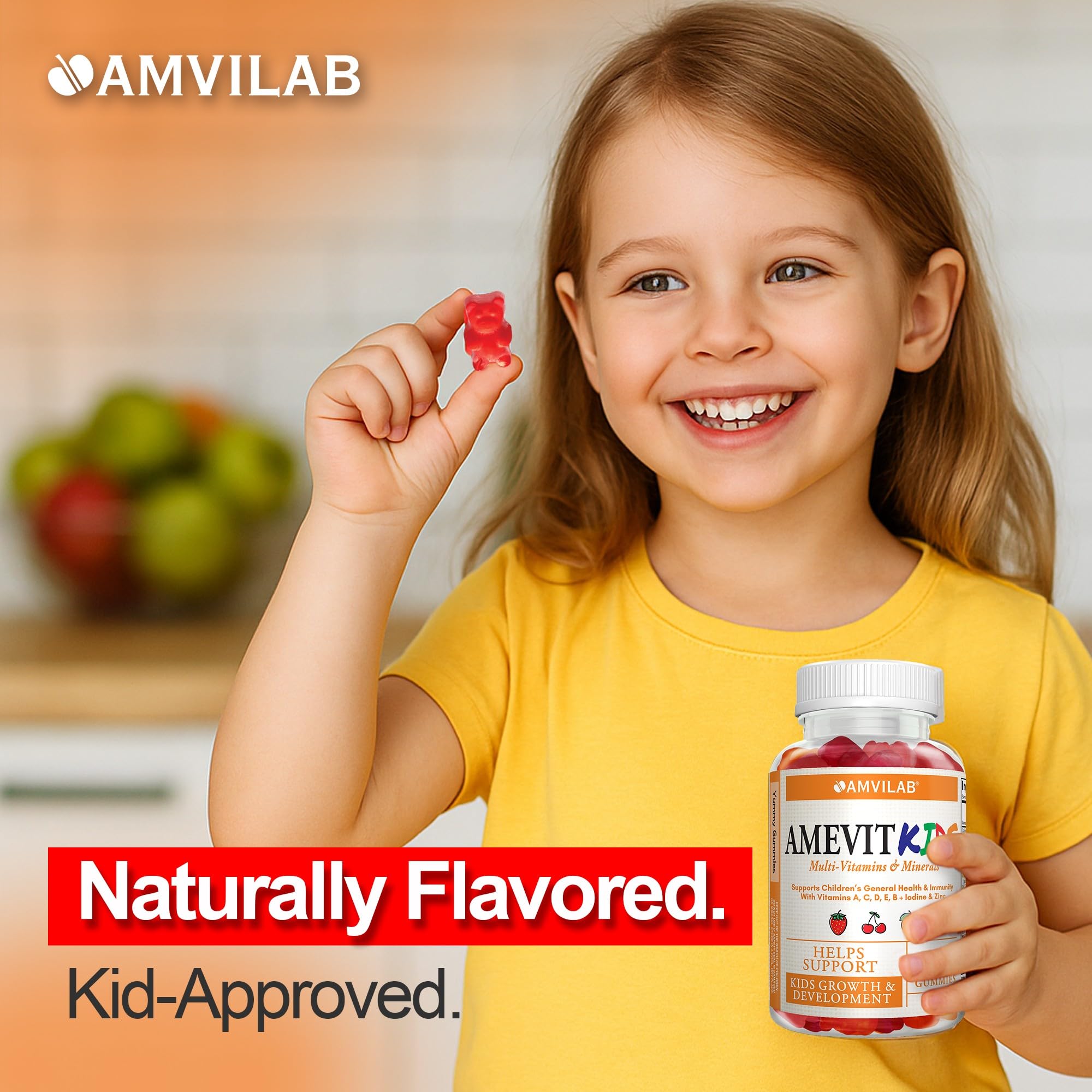 AMVILAB Amevit Kids Gummy bottle back showcases complete daily vitamins.