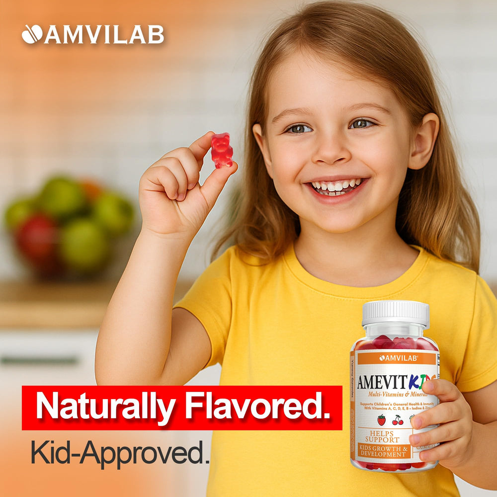 AMVILAB Amevit Kids Gummy bottle back showcases complete daily vitamins.