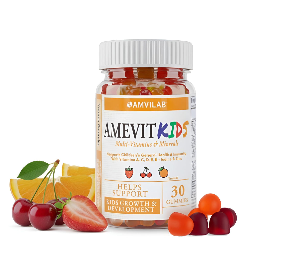 AMVILAB Amevit Kids Gummy bottle front highlights kid-friendly daily nutrition.
