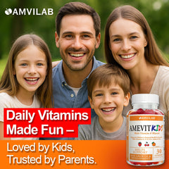 AMVILAB Amevit Kids Gummy natural-fruit flavor emphasizes tasty, easy-to-take vitamins.